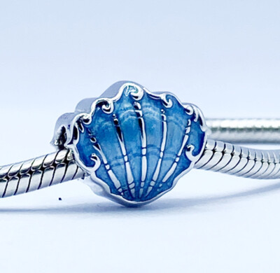 Blue Sea Shell Charm Bead Holiday Sea Life Clam Genuine 925 Sterling Silver  
