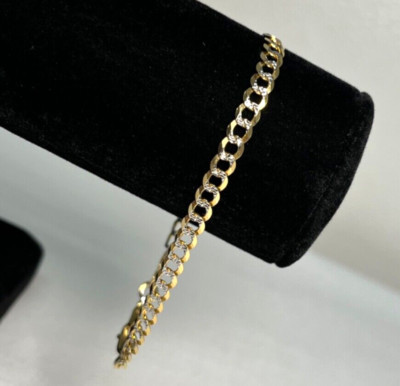 14K Solid Two Tone Multi Color Gold Diamond Cut Curb Cuban Link Bracelet 8''