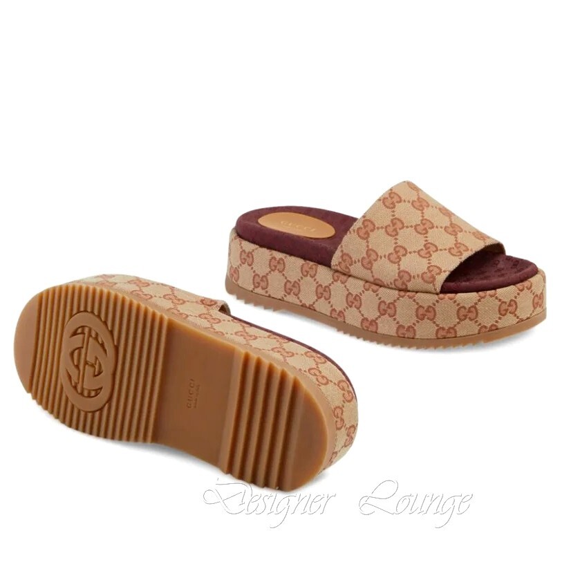 Pre-owned Gucci Angelina Gg Beige Monogram Platform Slide Sandals Size Eu 38 Us 8