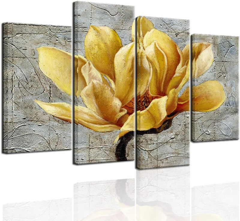 - 4 Panel Floral Wall Art Elegant Yellow Flower on Abstract Background Painting Canvas Print Still Life Artwork for Modern Home Kitchen Living Room Bedroom Wall Decoration Easy Hanging