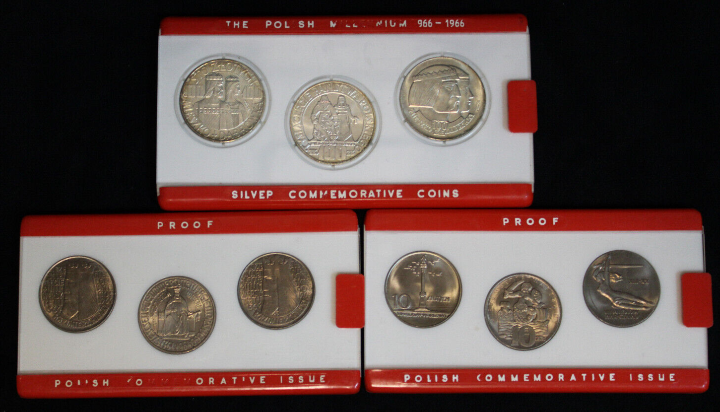 1966 POLISH MILLENNIUM SILVER COMMEMORATIVE 3-COIN SET Plus 1964 & 1965 sets