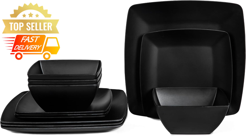 12Pcs Melamine Dinnerware Set, Black Square Plates & Bowls, 4 Person Dining