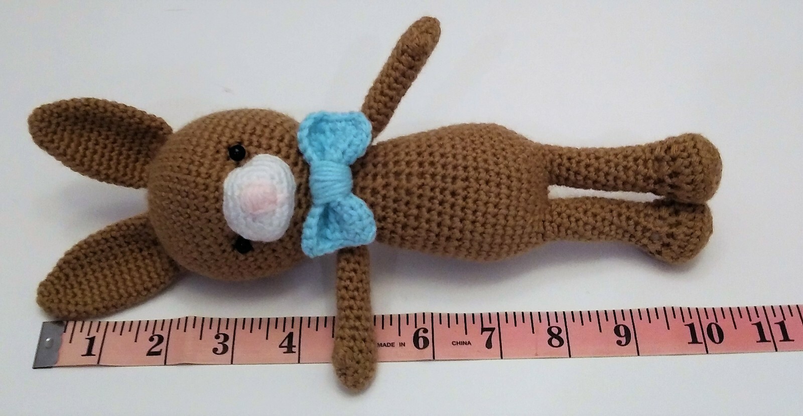 HANDMADE CROCHET BUNNY RABBIT STUFFED TOY WITH BOW TIE, BROWN/WHITE/BLUE 10.5