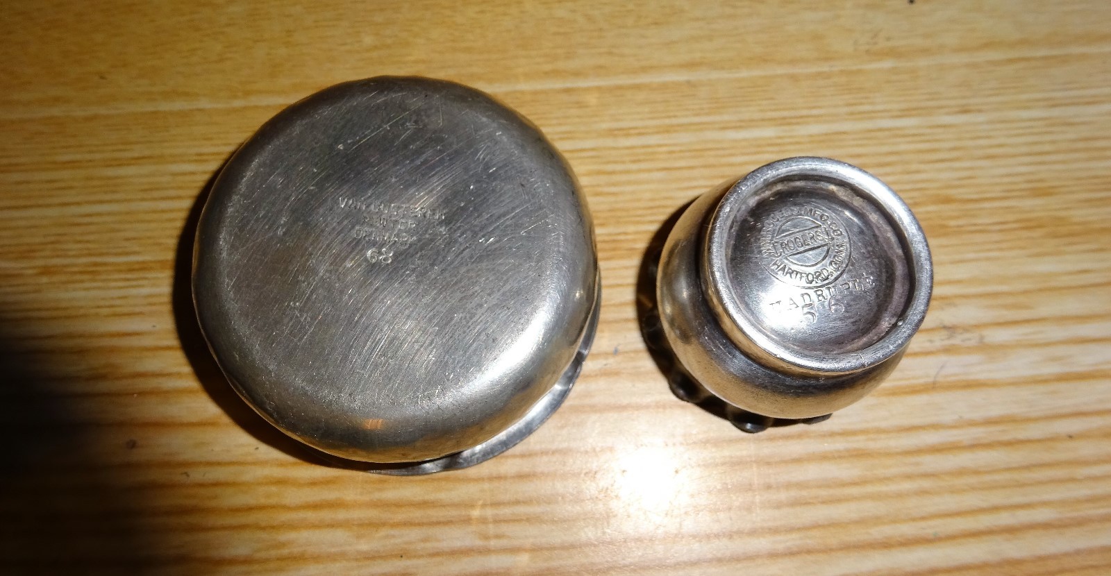 Lot of 2 Antique Pewter salt cellars:Van Dugteren Denmark & WM Rogers
