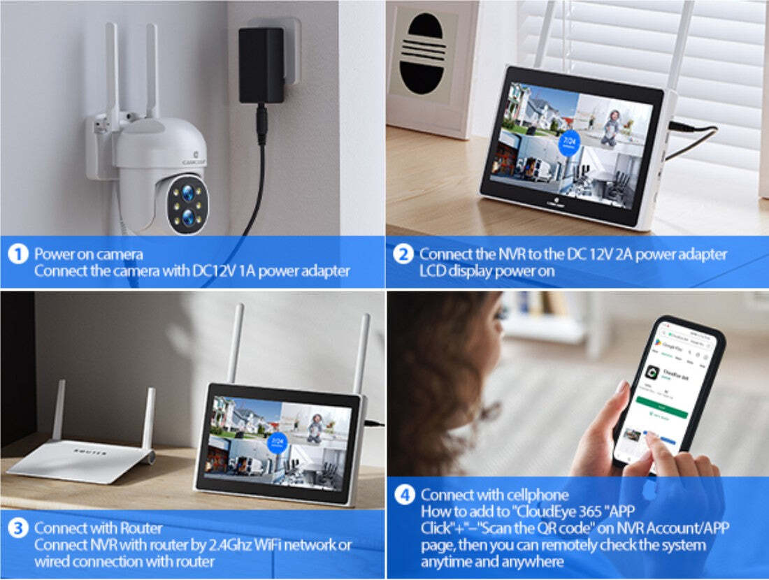 CAMCAMP 4MP Wifi Security Camera System Dual lens PTZ Cameras 10'' Monitor+500GB
