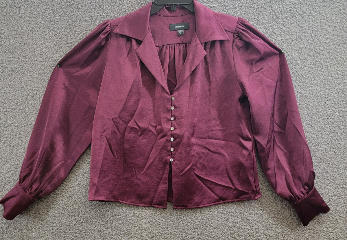 Karen Kane Shirred Blouse Women's S Wine Solid Collared Long Sleeve Button Front - Picture 2 of 15