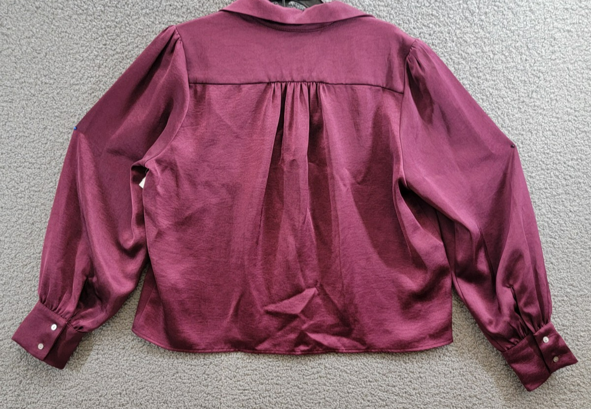 Karen Kane Shirred Blouse Womens XL Wine Solid Collared Long Sleeve Button Front - Picture 13 of 16