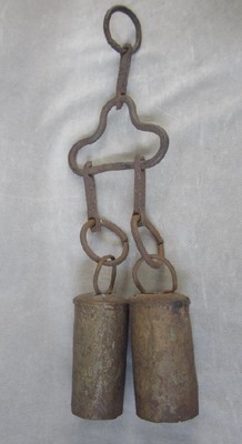 Set of 2 Hand Made Bells Antique Primitive cow bells on metal yoke