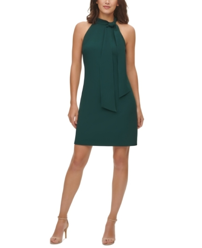 Vince Camuto Tie Neck A-Line Dress Women's 6 Hunter Back Zip Closure Sleeveless - Picture 1 of 16
