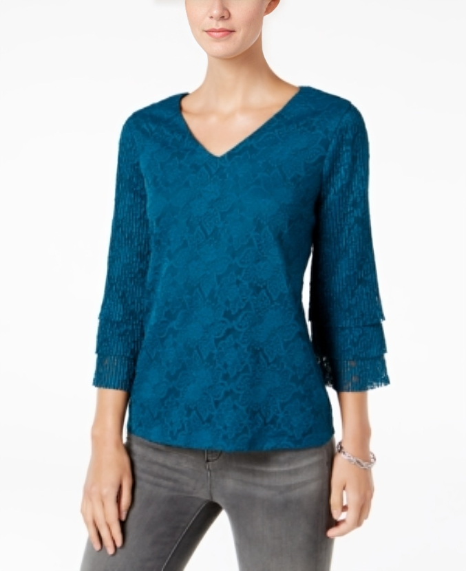 Charter Club Tiered Lace Top Women's XS Deep Pine Floral V-Neck Quarter Sleeve - Picture 1 of 16