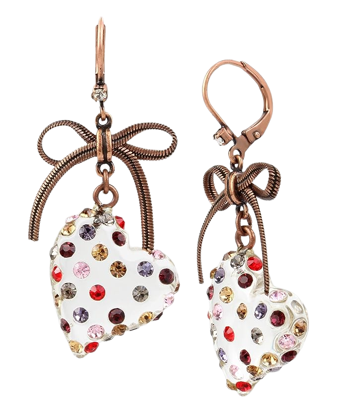 Betsey Johnson Stone Lucite Heart Drop Earrings Delicate Bow Mixed Multi-Colored