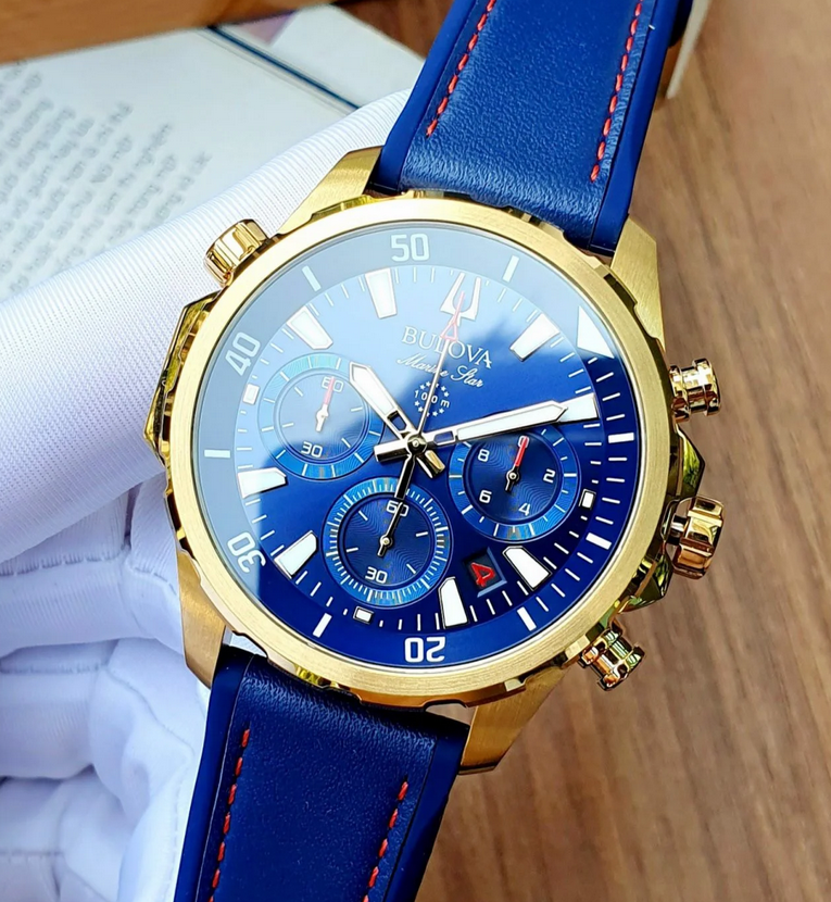 Pre-owned Bulova Marine Star Blue Dial 97b168 Gold Tone Silicone Strap Men's Watch