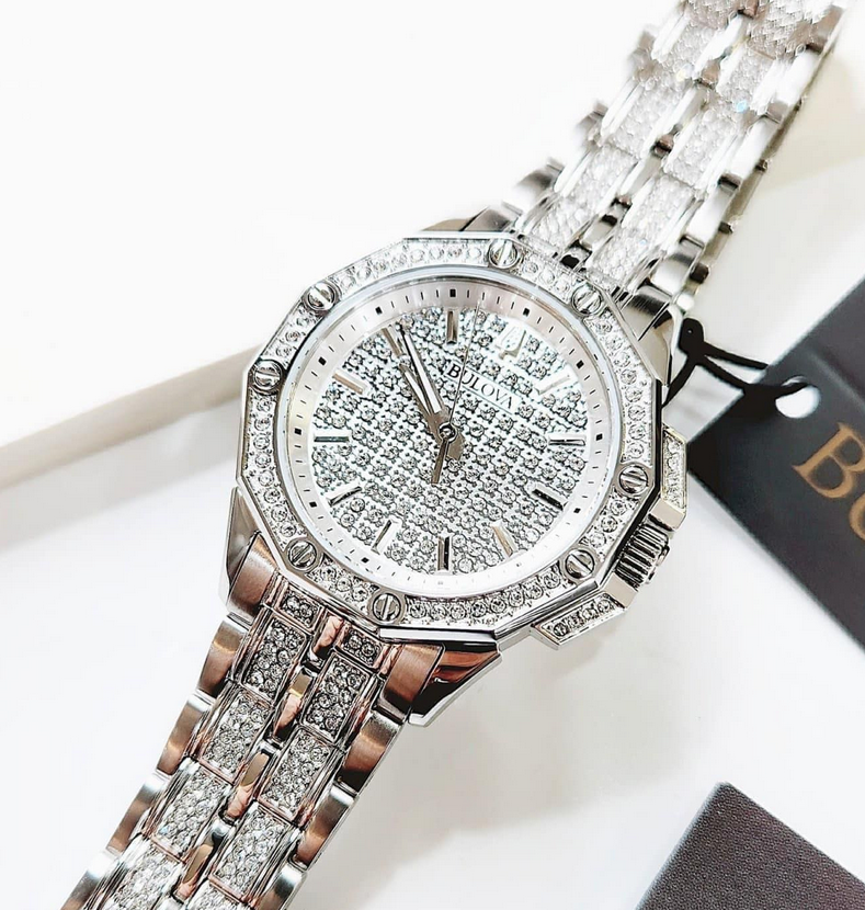 Pre-owned Bulova Octava Crystal Silver White Dial Dress Women's Watch 96l305