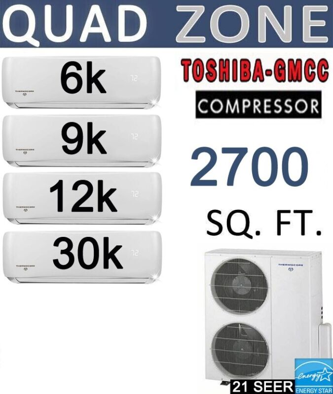 Quad Zone High Seer Ductless Mini Split Air Conditioner Heat Pump:6k+9k+12k+30k