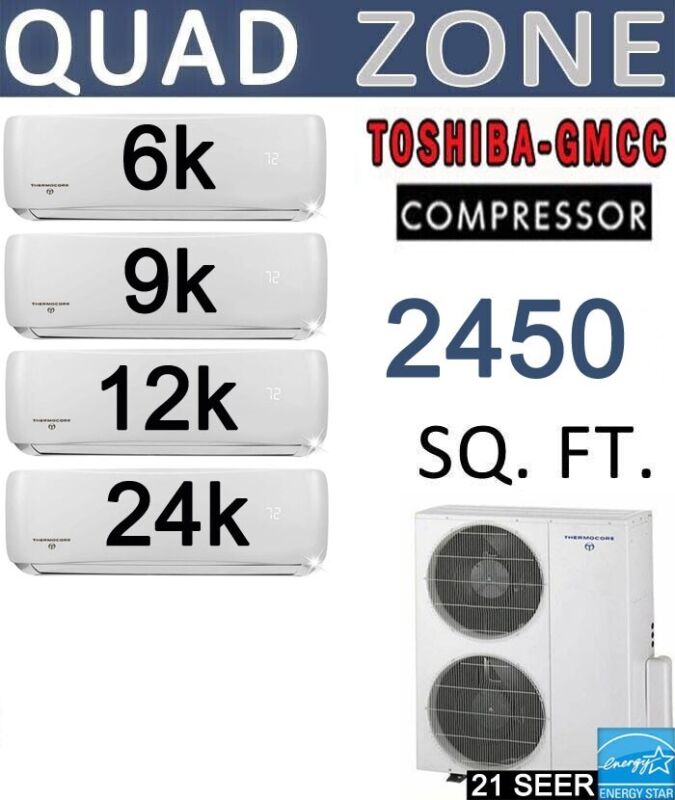 Quad Zone High Seer Ductless Mini Split Air Conditioner Heat Pump:6k+9k+12k+24k