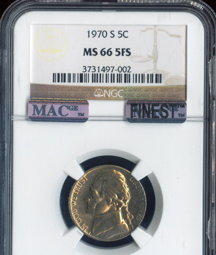 1970 S JEFFERSON NICKEL NGC MS66 FS MAC FINEST & SPOTLESS RARE POP-7