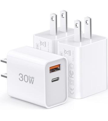 USB C Super Fast Charger, 3-Pack 30W Dual Port PD+QC Fast Charger Adapter (#141)