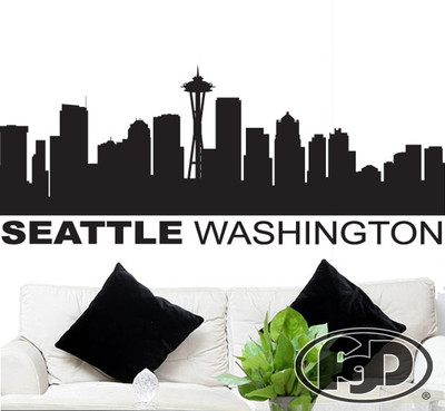 FGD Seattle Skyline Vinyl Wall Decal / Sticker in Black or White 20'' x 50'' 