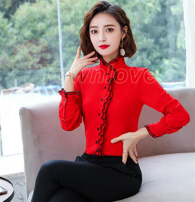 Women Business Office Stand Collar Shirt Ruffle Button Up