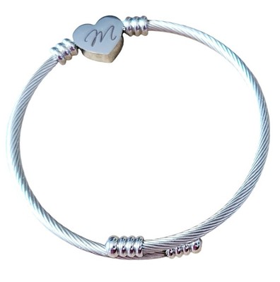 Letter Initial M Monogram Bracelet Silvertone Cable Style Bracelet Heart Charm