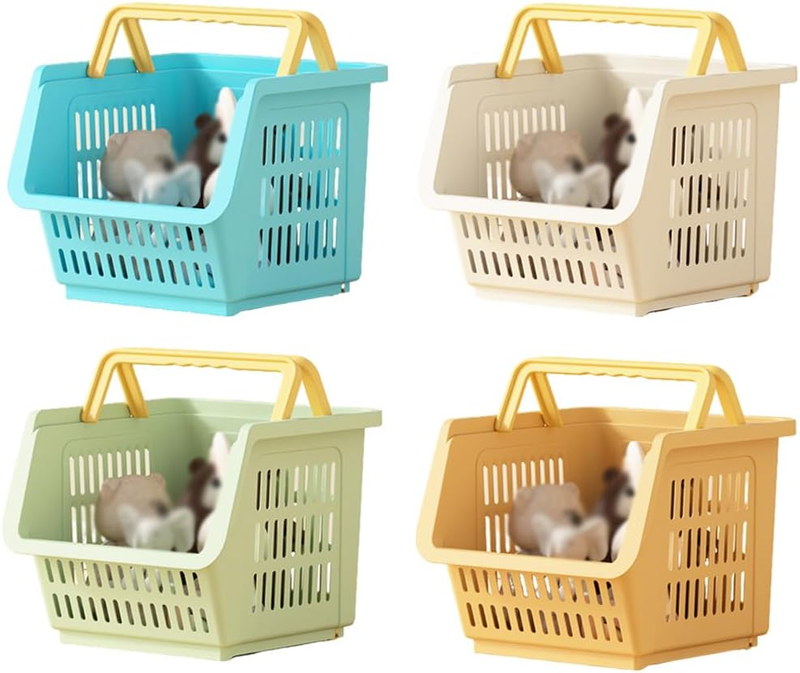 4 Pack Stackable Plastic Storage Baskets, Open Organizer with Handles, Plastic D