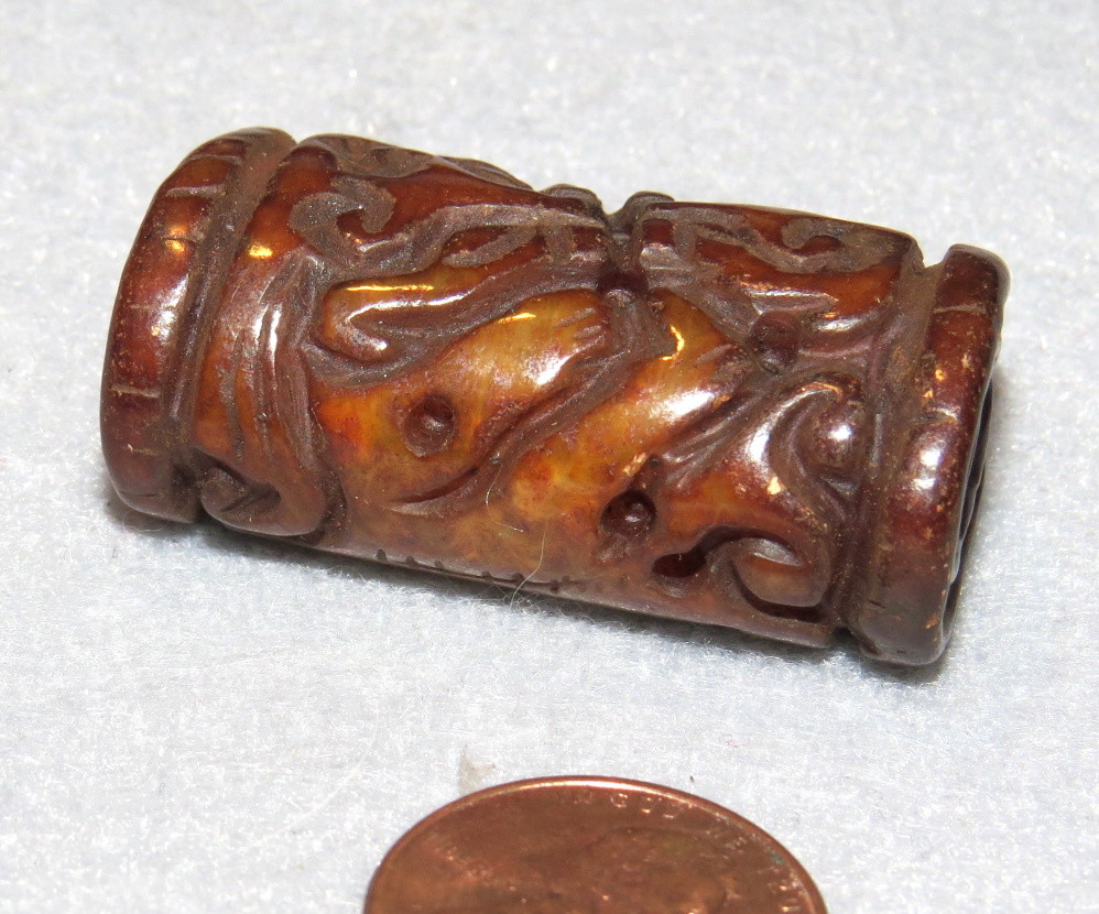 Antique Jade Bead Carved Pendant Auspicious Beasts Vintage 20X38mm