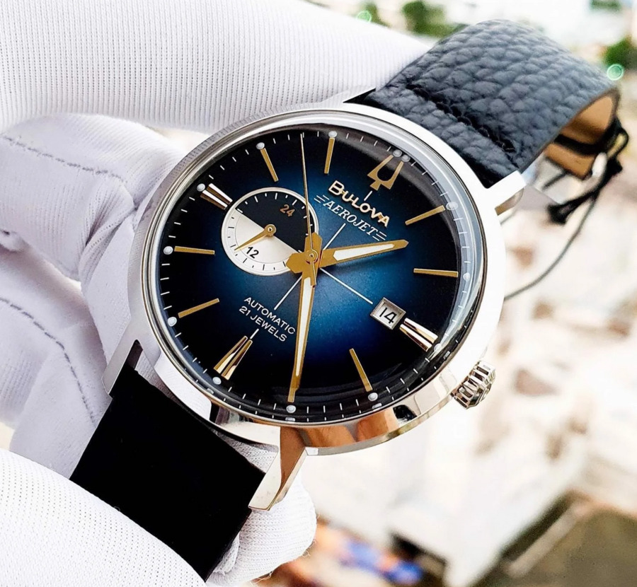 Pre-owned Bulova 96b374 Aerojet Automatic Men's Watch Blue Dial Leather Band