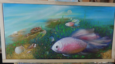   Original oil canvas '' Japanese Carp'' Life under water  12''x 24'' ART DECOR