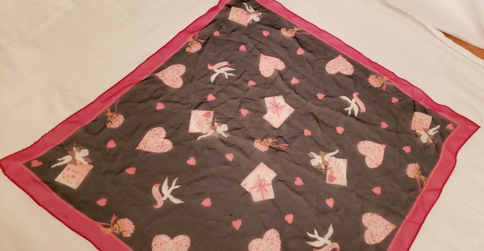 Vintage Liz Claiborne 100% Silk Scarf  Flowers Cupids Hearts Made in Korea
