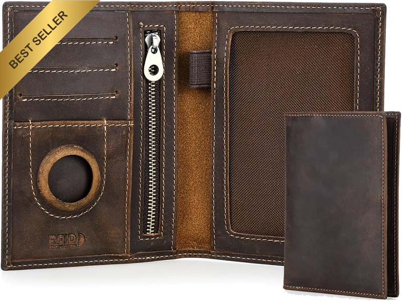 RFID Leather Passport Holder w/ Airtag Slot Card Pocket