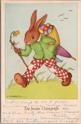 Vintage German EASTER Postcard DRESSED RABBIT / Basket of Eggs - Artist LAMBERTZ