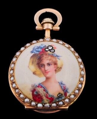 Antique Art Nouveau 18k Gold Diamond Pearl Enamel Pocket Watch Pendant- Estate