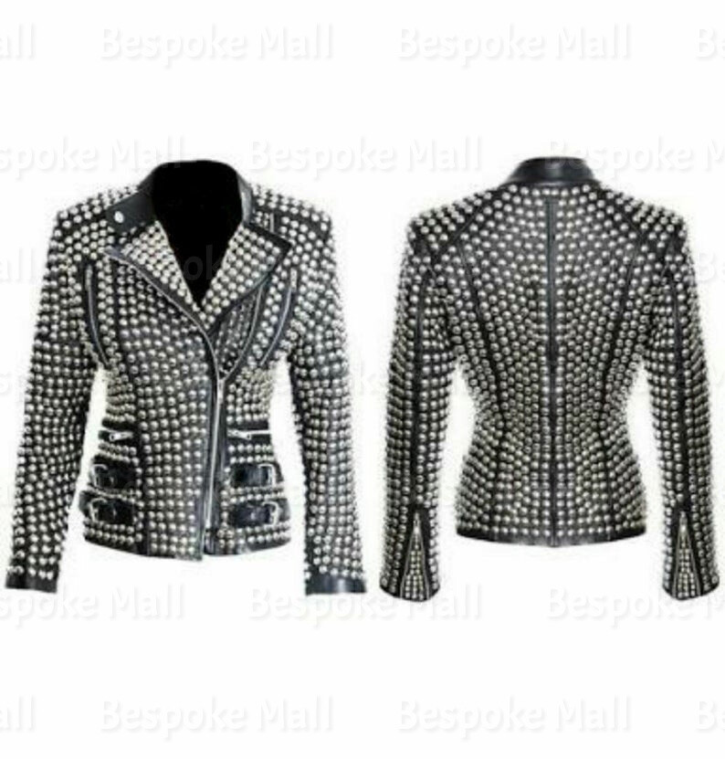 Pre-owned Handmade Woman's  Punk Silver Studded Brando Biker Cowhide Leather Jacket-814