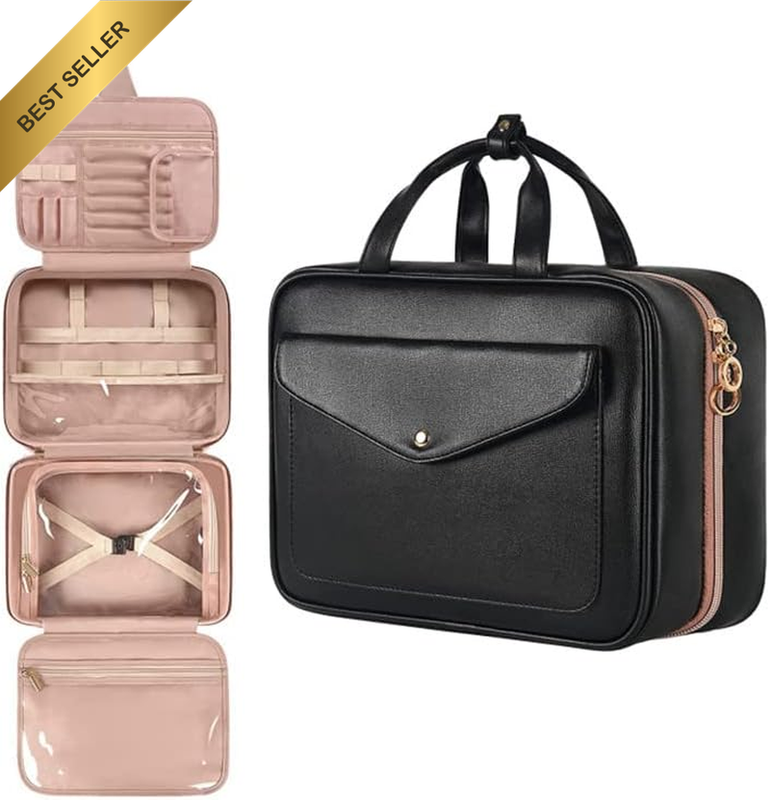 Travel Toiletry Bag with Jewelry Organizer, Black Hanging Makeup Bag with Hangin