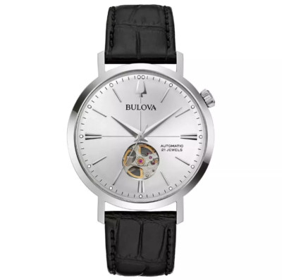 Bulova Aerojet, Stainless Steel Black Leather Automatic Men's Watch - 96A315