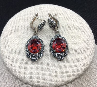 Vintage Sterling Silver 925 Imitation Ruby & Marcasite Stone Drop Earrings X336