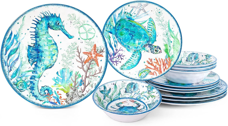 Melamine Beach Dinnerware 12-Piece Set, Coastal Plates and B