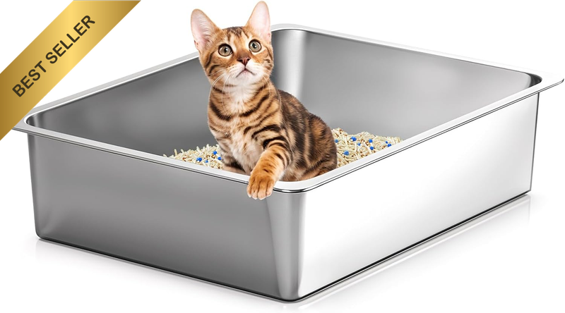 Stainless Steel Cat Litter Box, Small Metal High Sided Cat Pan Box, Indoor Litte