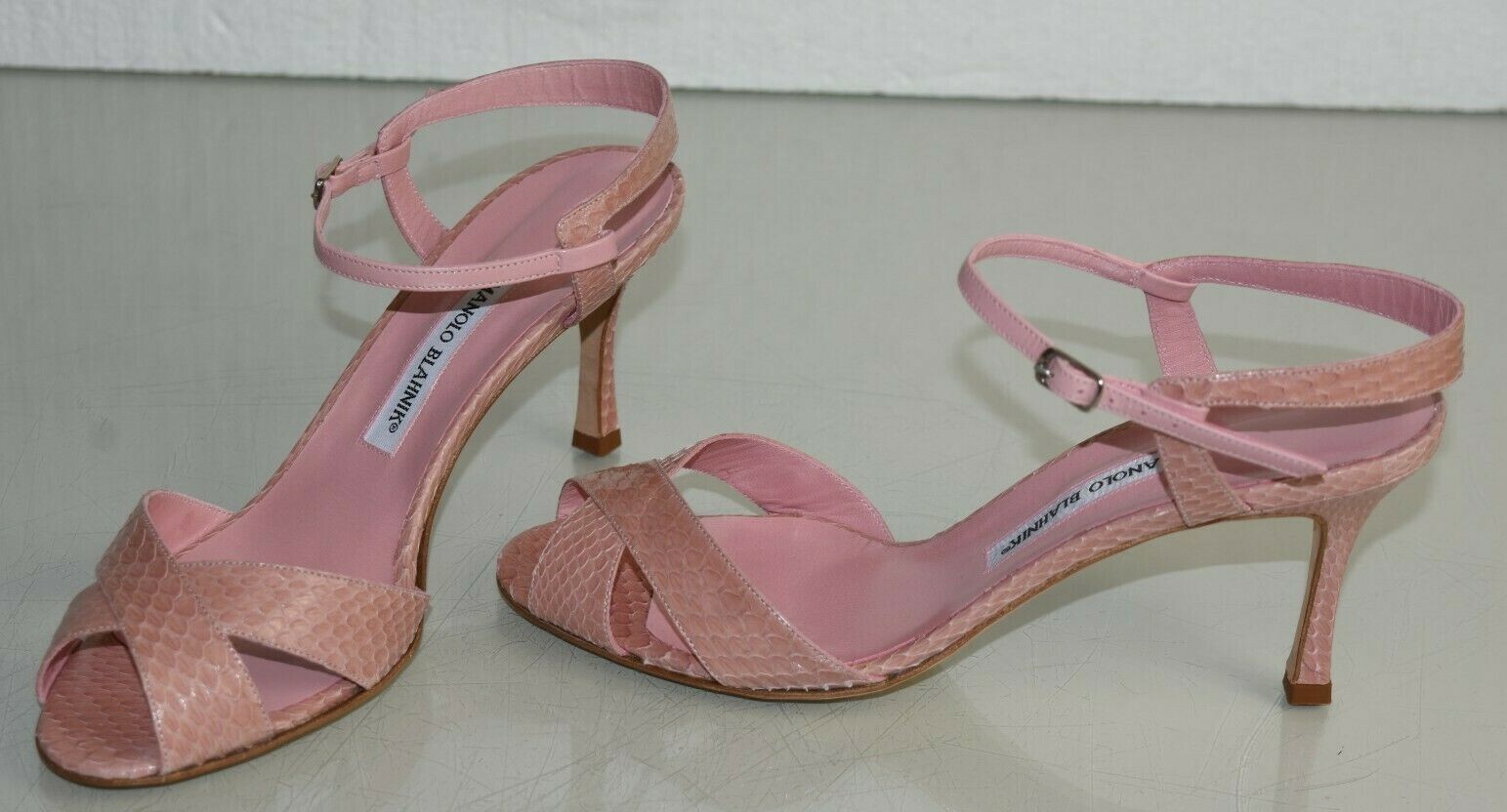 Pre-owned Manolo Blahnik $1345  Elmyrina Sandals Exotic Snake Pink Python Heel Shoes 40