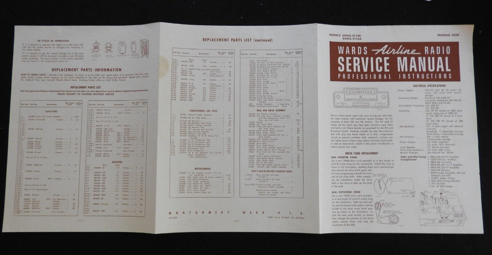 1940's Montgomery Wards Airline Console AM/SW Radio 84WG-2718B 84WG-2724A MANUAL