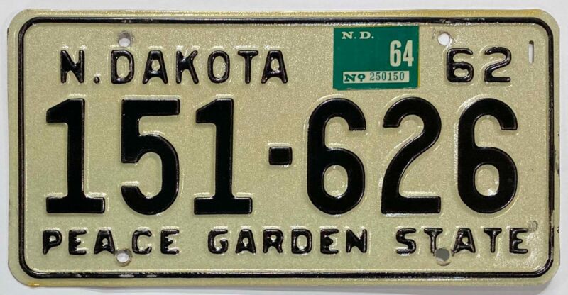 Vintage North Dakota 1962 1964 License Plate 151-626 in Very Good Condition