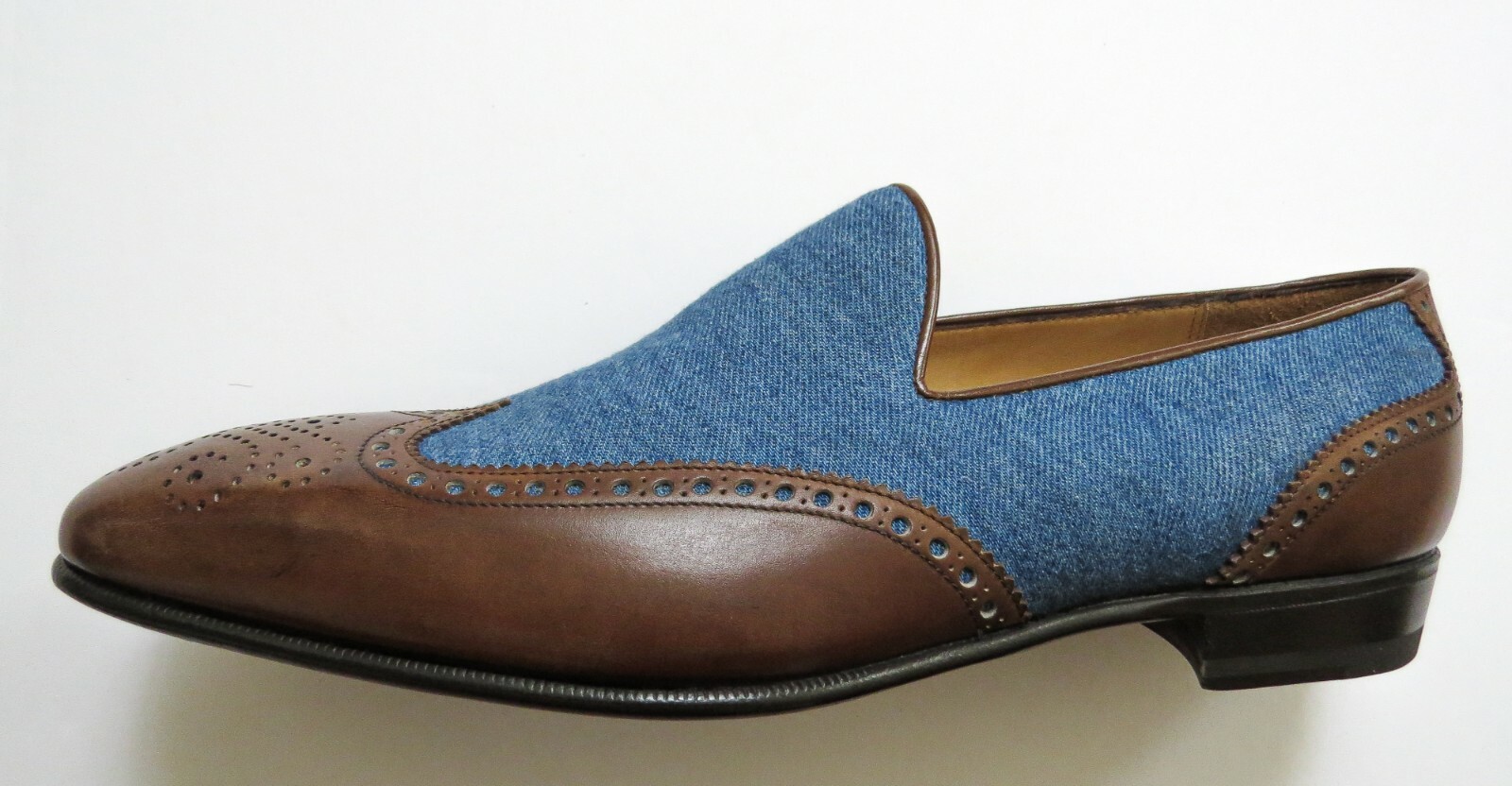 Pre-owned Brioni $1225  Brogue Two Tone Denim Leather Loafers Shoes 9.5 Us 42.5 Euro 8.5 Uk In Multicolor