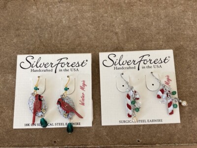 Silver Forest Surgical Steel Candy Cane/Cardinal Winter Christmas Earrings x2