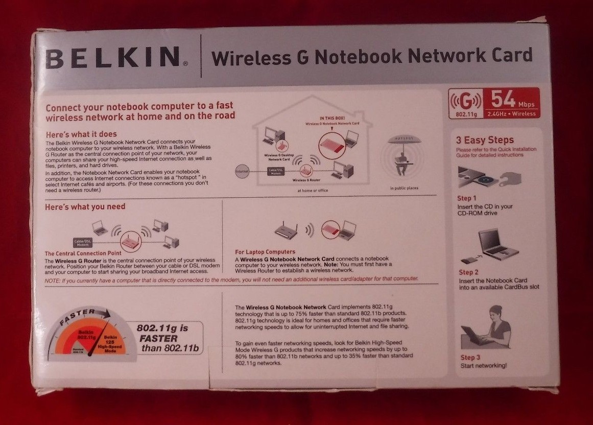 Belkin Wireless G Notebook Network Card 802.11g 2.4GHz 54Mbps F5D7010