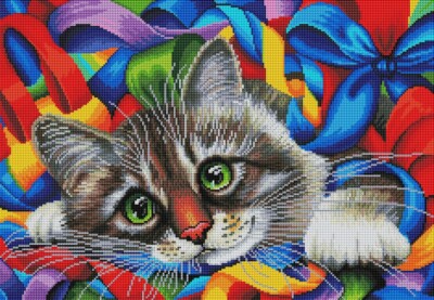 DIY Diamond Art Club Kit Cat Playing In Ribbons 26''x18''  ROUND DIAMONDS