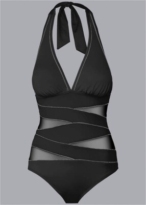 Nwot Venus Black Peek-A-Boo Halter One Piece Monokini Size 10 Swimsuit Swimwear