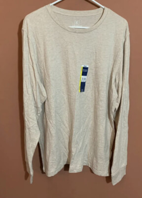 NWT George Mens Long Sleeve GE LS Crew Neck Tee Shirt Solid Begie Size Large