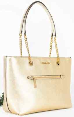 Michael Kors Medium Front Zip Chain Tote Pale Gold Leather 35S3GTVU9V $448