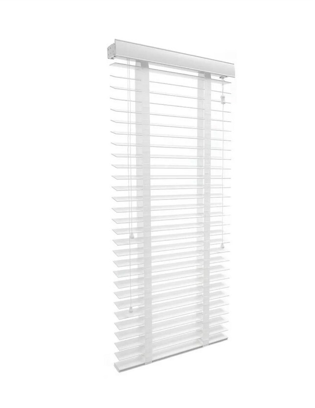 NEW IN BOX white faux wood blind with tapes 95cm(w)x 130cm(d