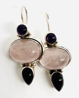 Sterling Silver Rose Quartz & Amethyst Cabochon Drop Dangle Earrings 10.4gm